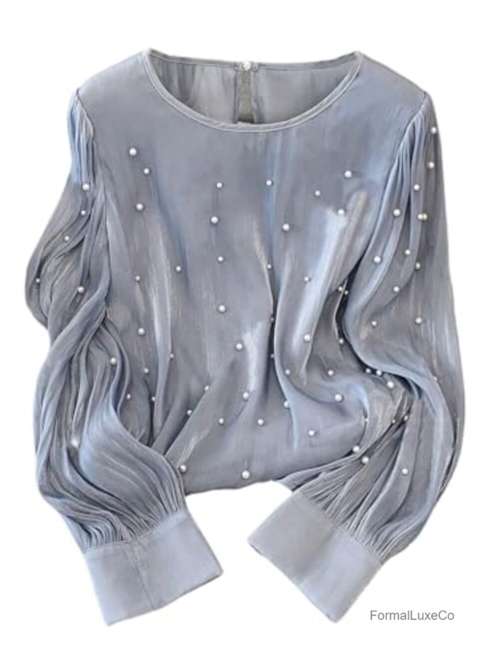 Pearl Beaded Blouse Bishop Sleeve Crew Neck Button Back Dressy Top